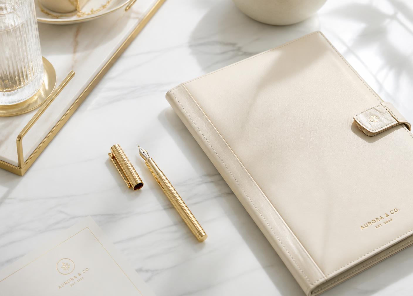 Pale marble desk with brass pen and cream leather portfolio